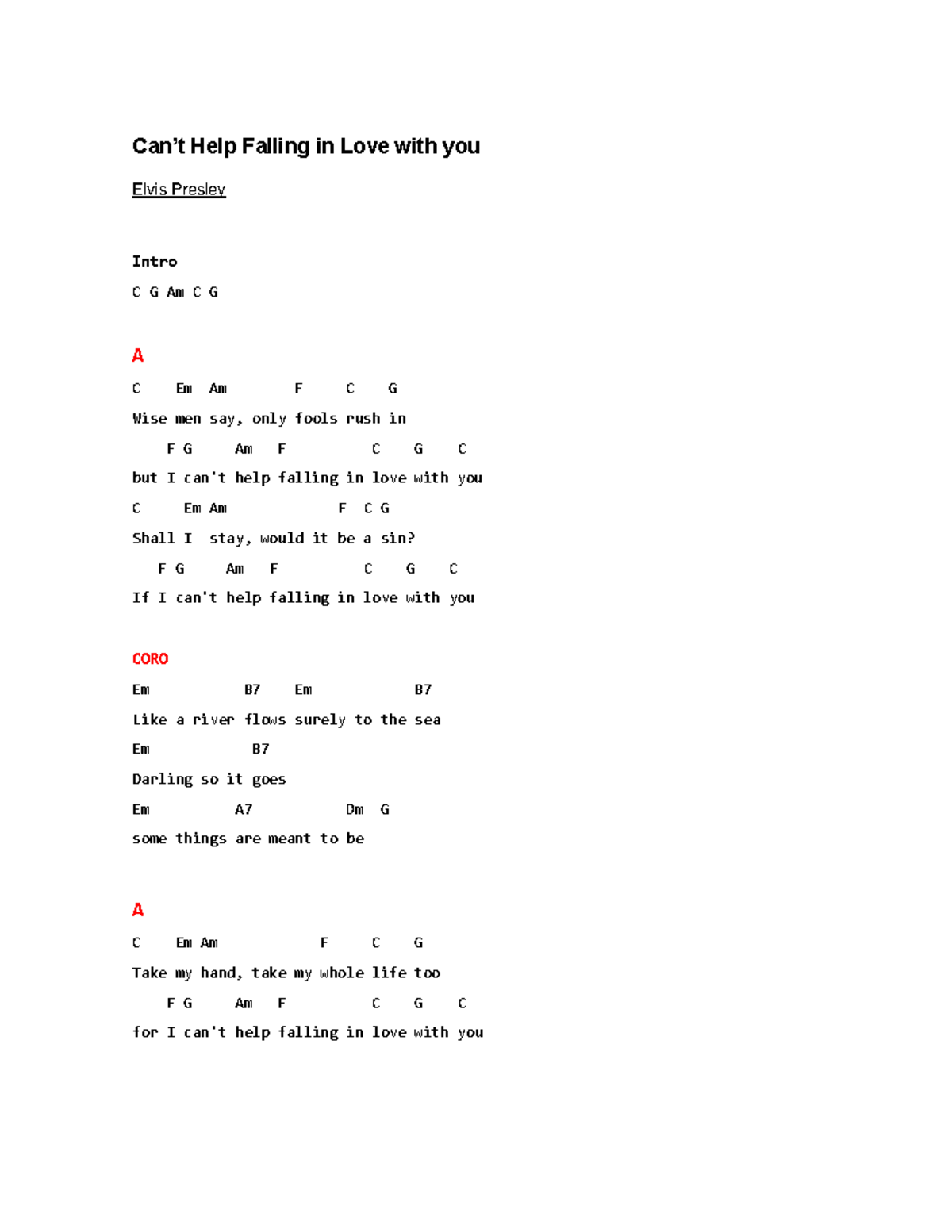 CAN´T Falling IN LOVE Partitura Can’t Help Falling in Love with you
