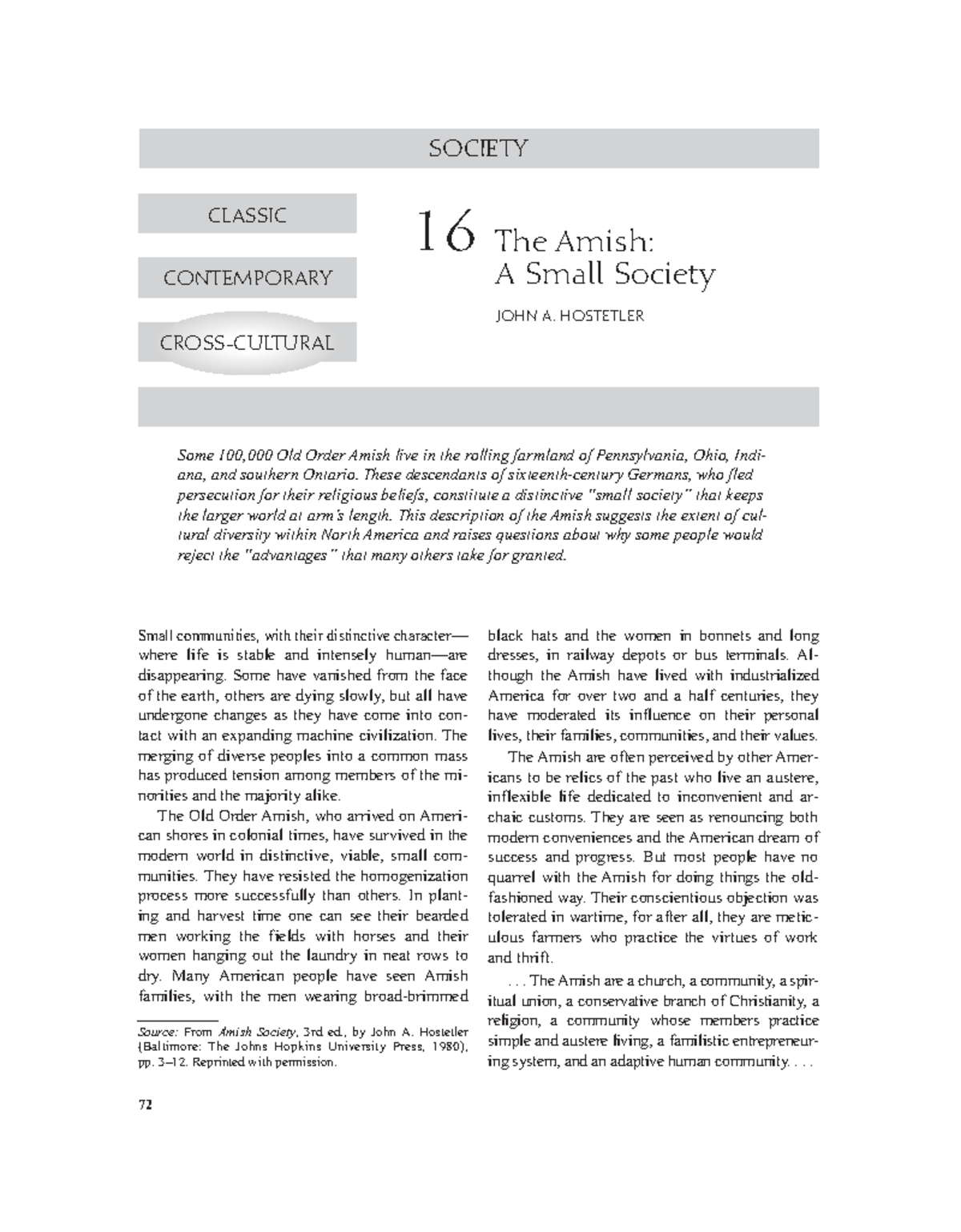 The amish a smal society - 72 CLASSIC CONTEMPORARY CROSS-CULTURAL The ...