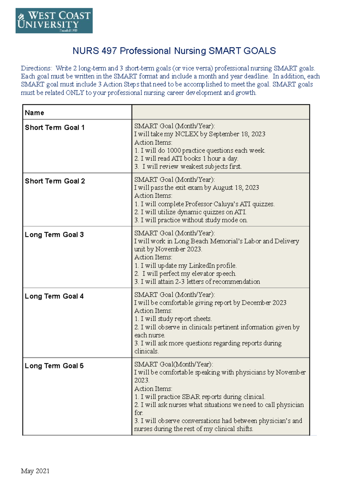 Smart Goals - template - NURS 497 Professional Nursing SMART GOALS ...