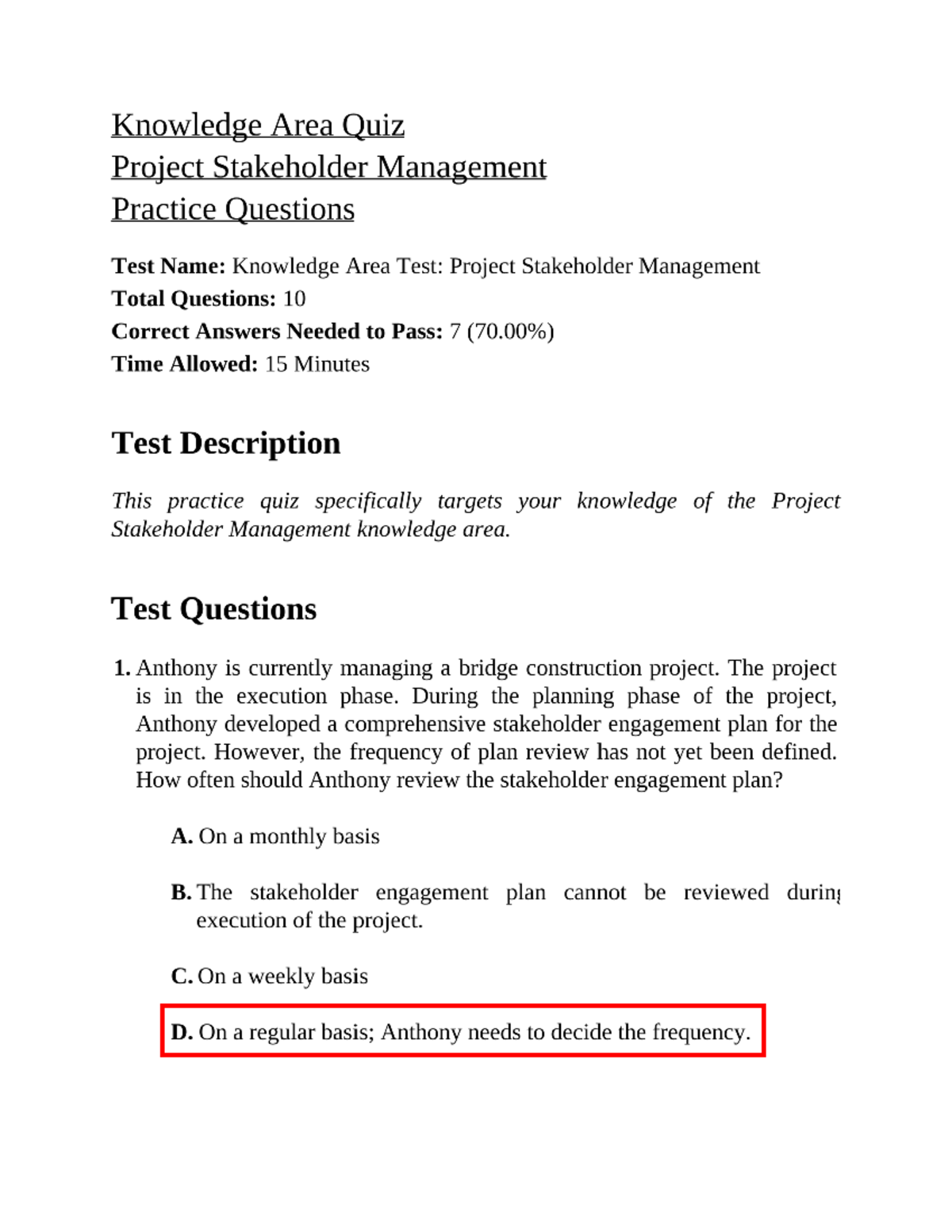 Assessment on Project Stakeholder Management - Knowledge Area Quiz ...