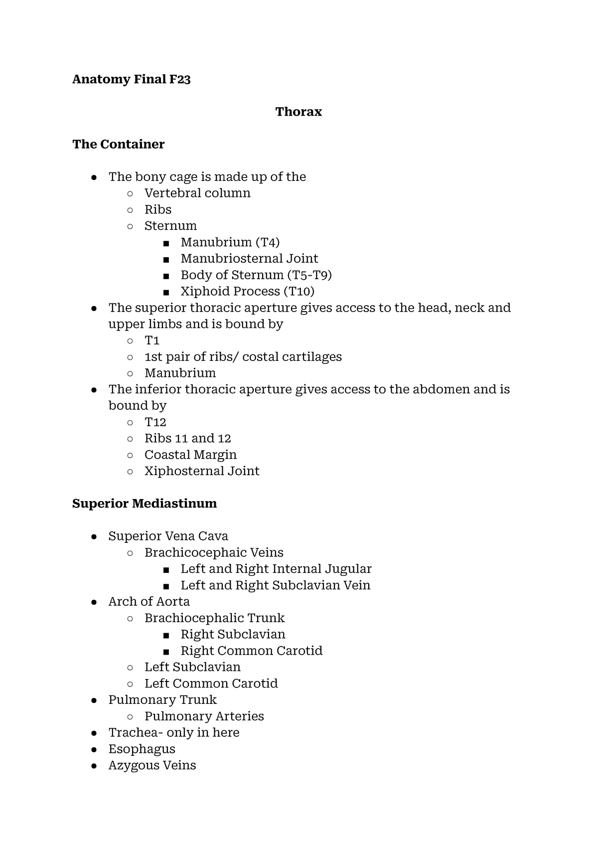 Anatomy Final F23 - Notes Covering The Thorax, Abdomen, Celiac Trunk 