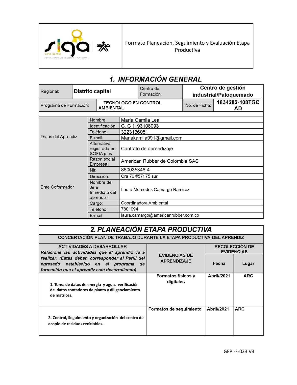 Gfpi F 023 Formato Planeacion Seguimiento Y Evaluacion Etapa Productiva Productiva 1