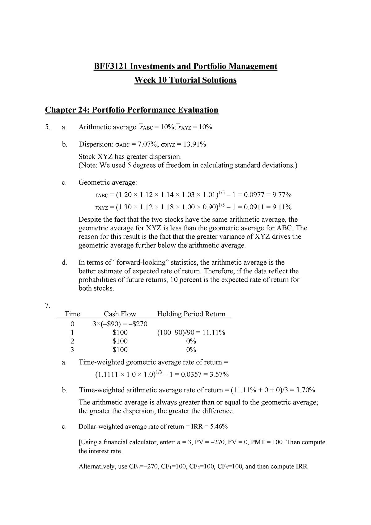 BFF3121 Week 10 Tutorial Solutions - BFF3121 Investments And Portfolio ...