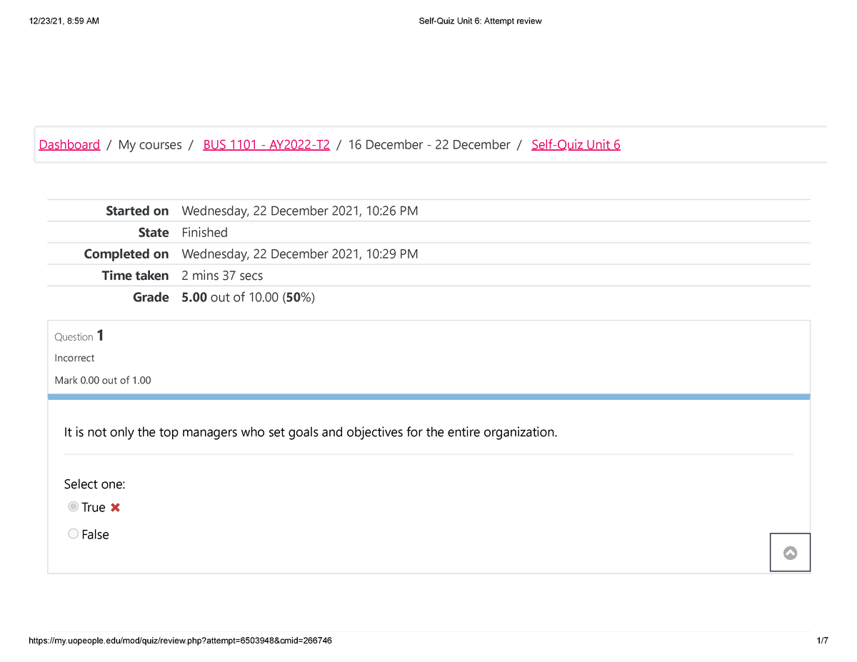Self-Quiz Unit 6 Attempt Review - Started On Wednesday, 22 December ...