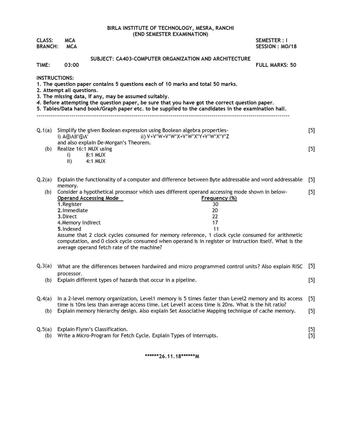 CA403- Computer Organization AND Architecture (END MO2018 ) - BIRLA ...