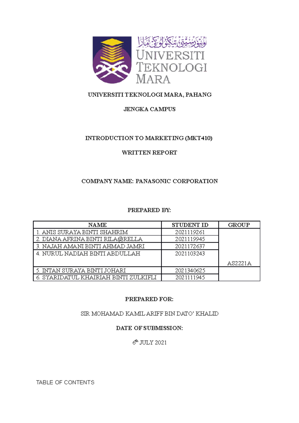 Group written report MKT410 - UNIVERSITI TEKNOLOGI MARA, PAHANG JENGKA ...