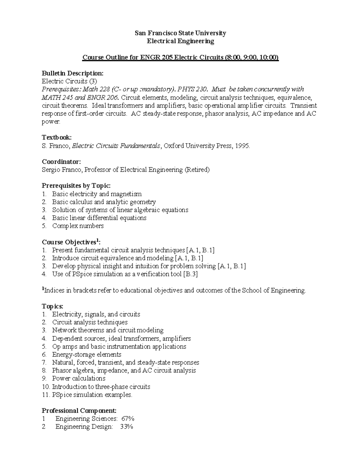 ENGR 205 - Syllabus - San Francisco State University Electrical ...