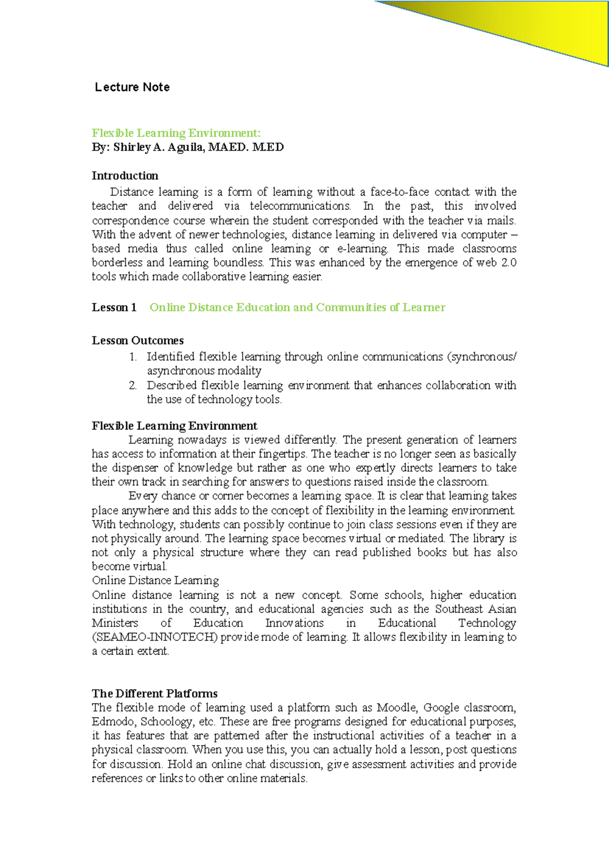 Lecture Notes Flexible Learning Environment - Flexible Learning ...