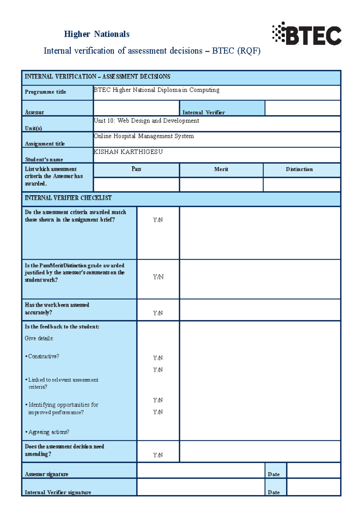 WDD Kishan - Higher Nationals Internal verification of assessment ...