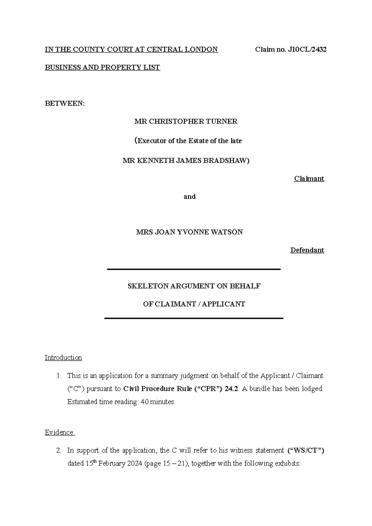 Skeleton Argument (Turner v Watsons) - IN THE COUNTY COURT AT CENTRAL ...
