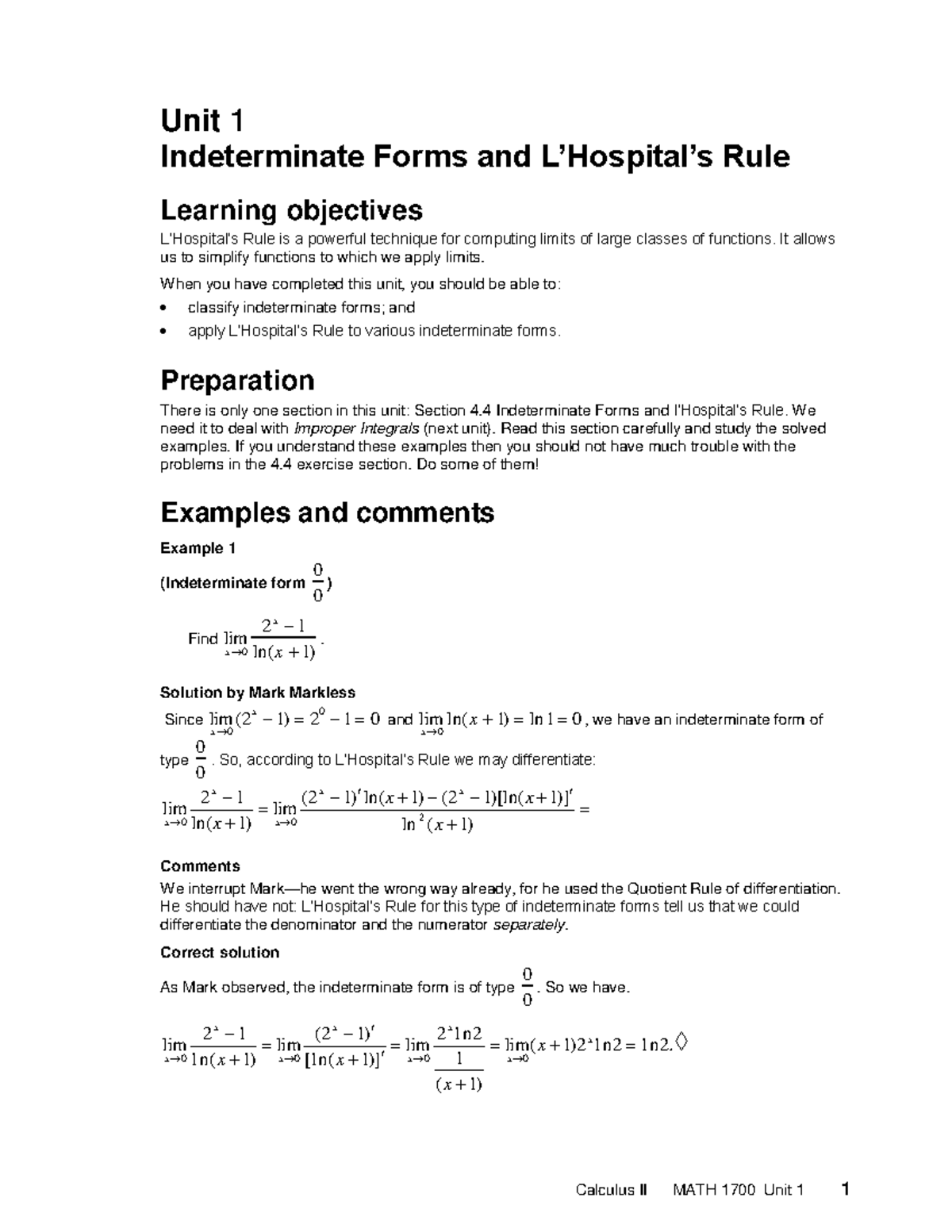 Unit 01 - Indeterminant Forms and L'Hospital's Rule - Calculus II MATH ...