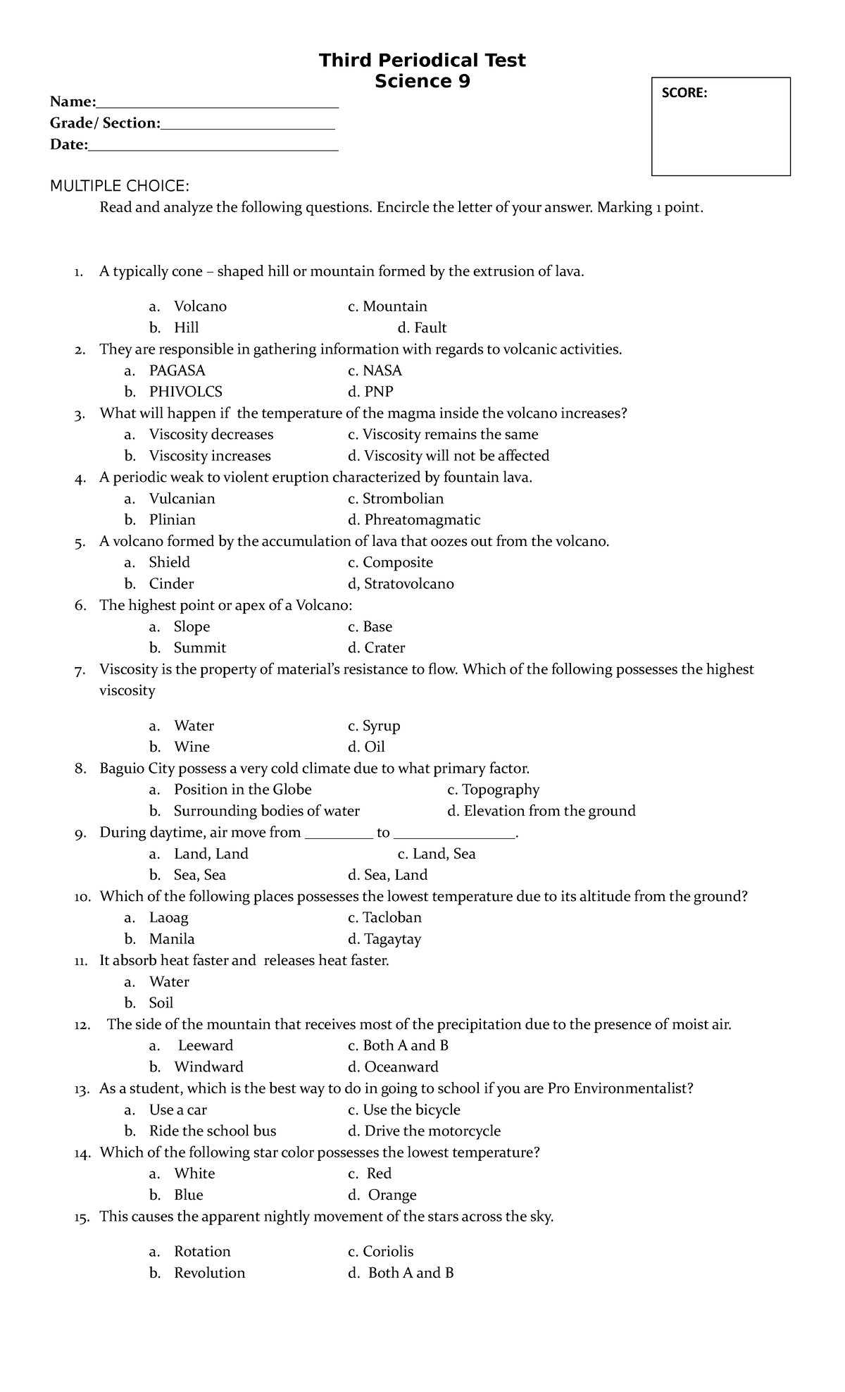 Third Periodical Test Science - Third Periodical Test Science 9 - Studocu