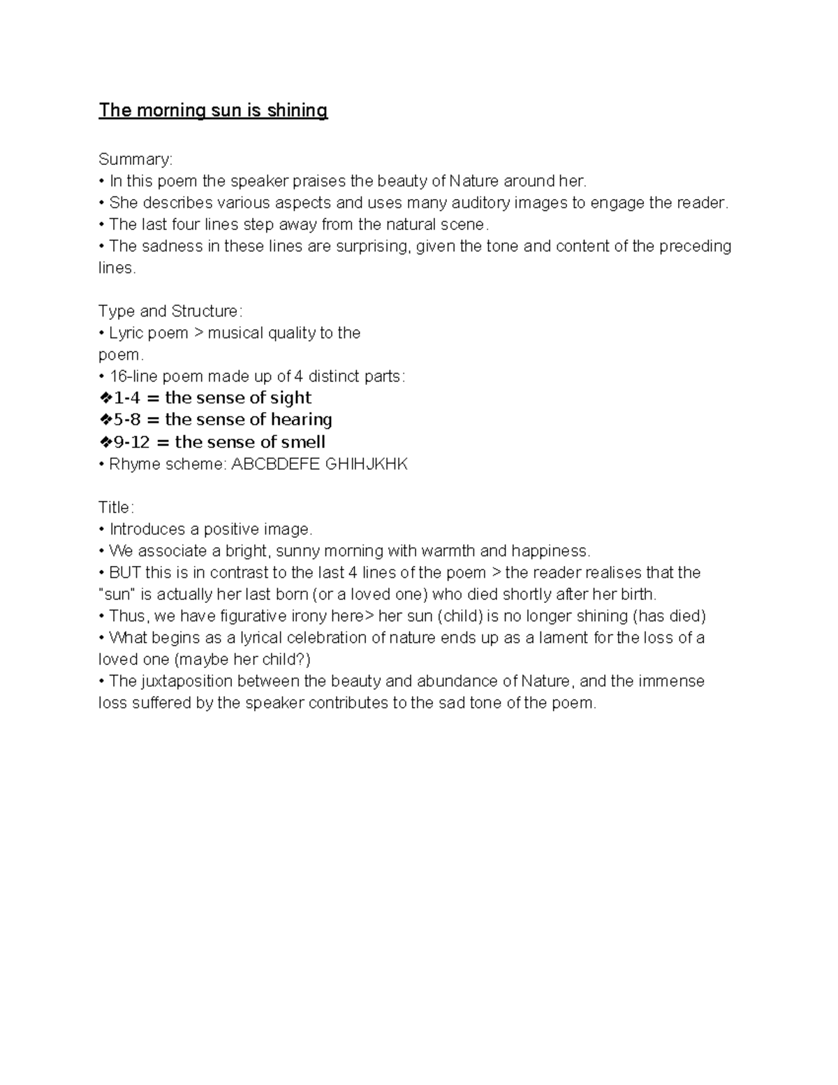 Morning sun is shining - cheat sheet - The morning sun is shining