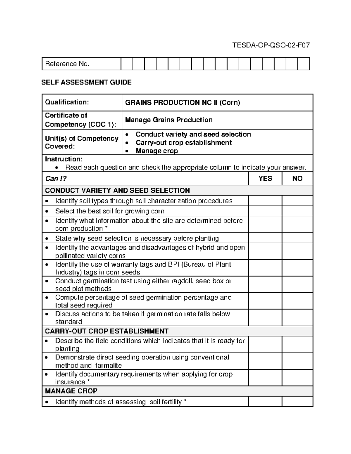 Grains Production (Corn) NC II TESDAOPQSO 02 F Reference No