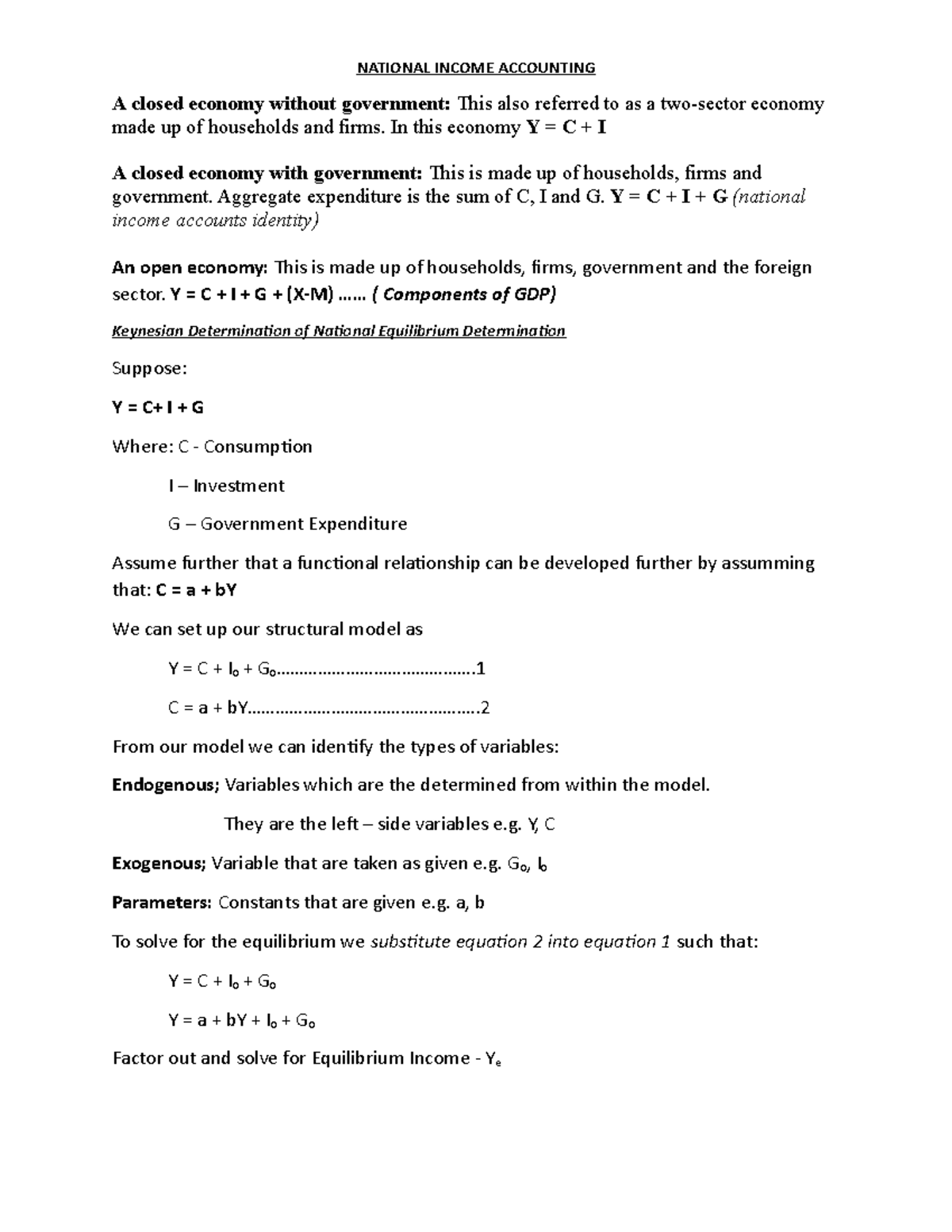 Class 3RD March - NATIONAL INCOME ACCOUNTING A closed economy without ...