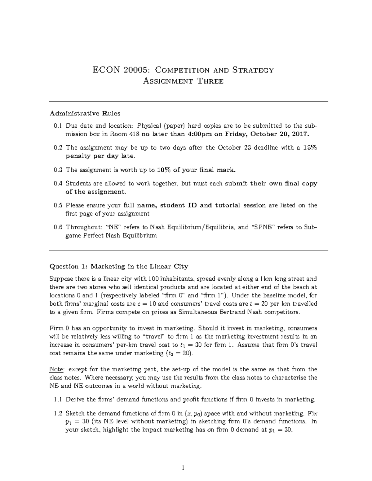 2017 Assignment 3 - ECON 20005: Competition And Strategy Assignment ...