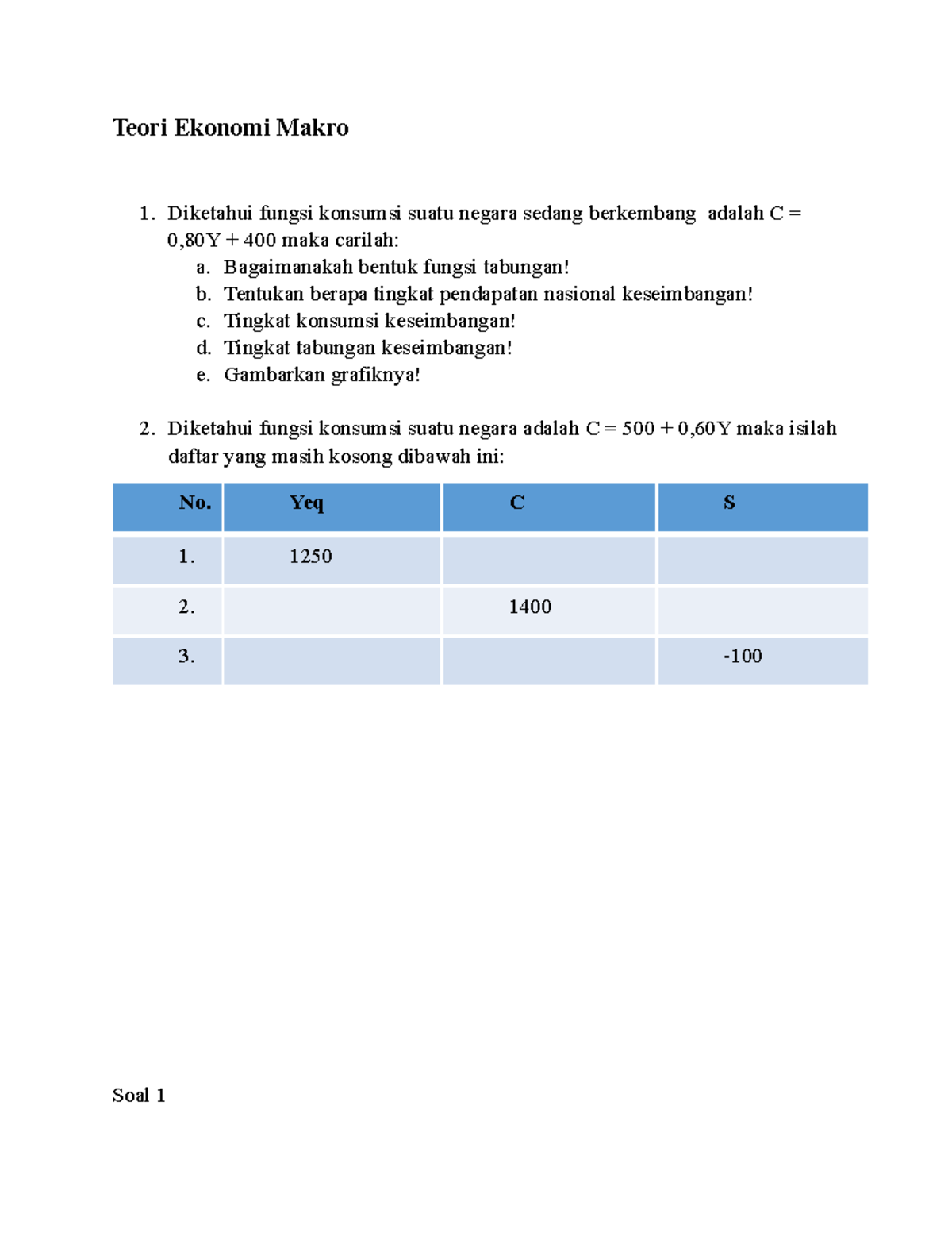 Tugas Soal Latihan - Teori Ekonomi Makro Diketahui Fungsi Konsumsi ...