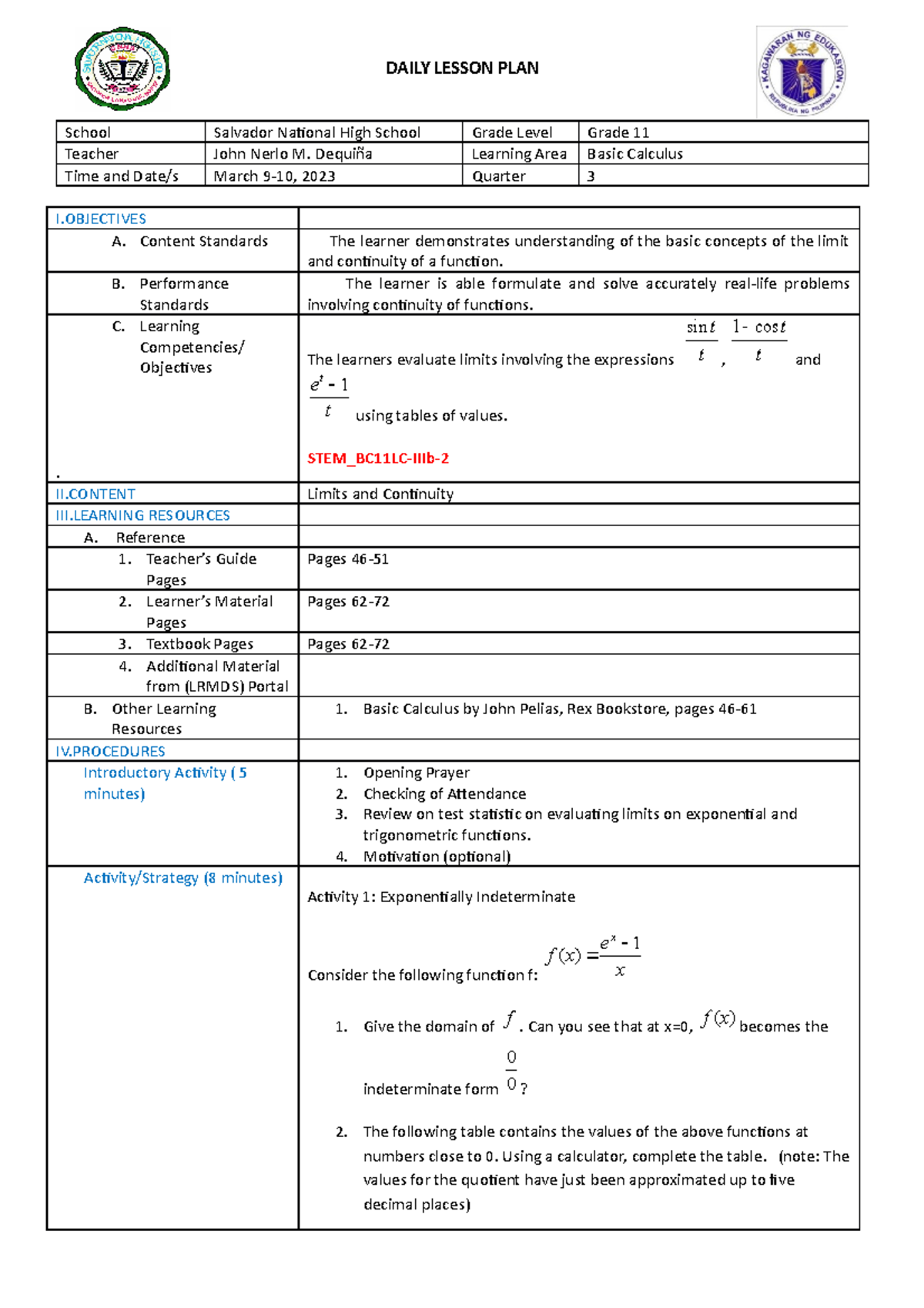 STEM BC11LC-IIIb-2 - lesson plan in math - DAILY LESSON PLAN School ...