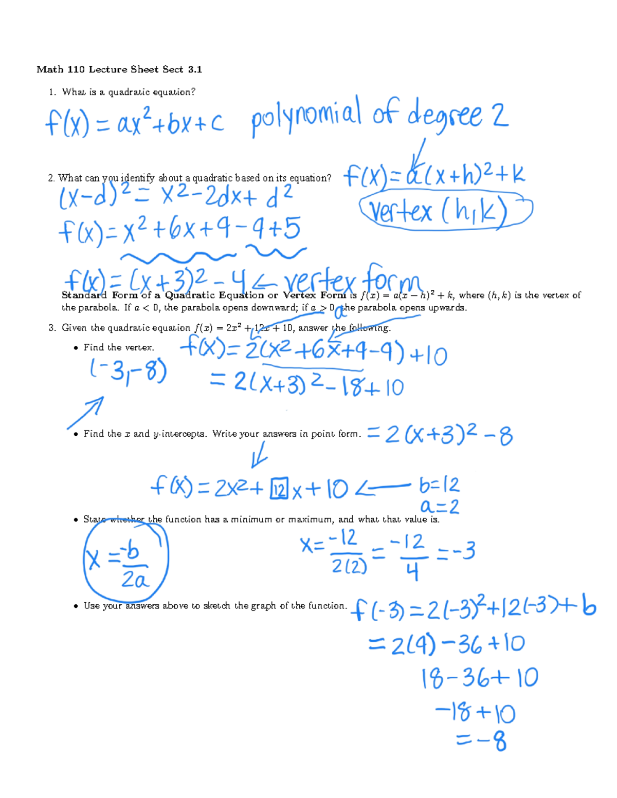Math 110 Lecture Notes 3.1 - Math 110 Lecture Sheet Sect 3. What is a ...