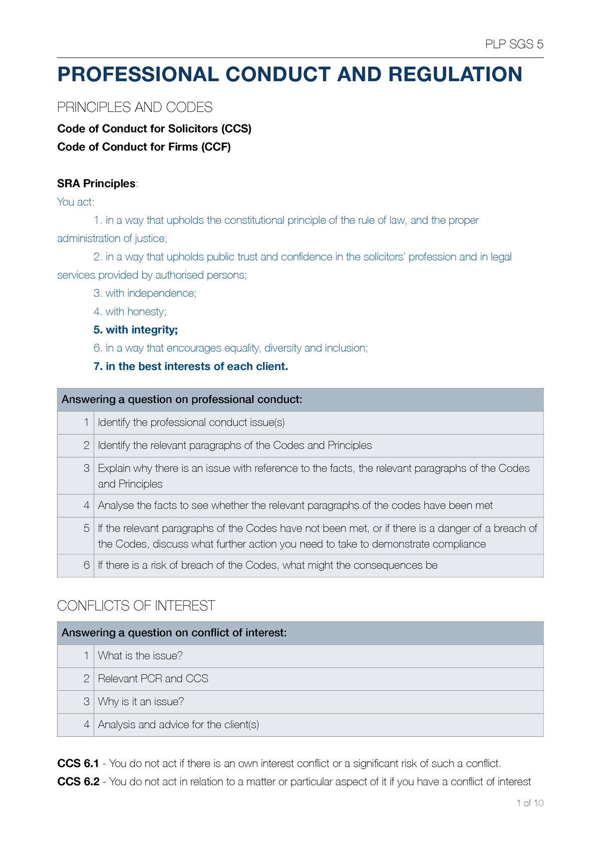 PLP SGS 5 - Summary Notes - PROFESSIONAL CONDUCT AND REGULATION ...