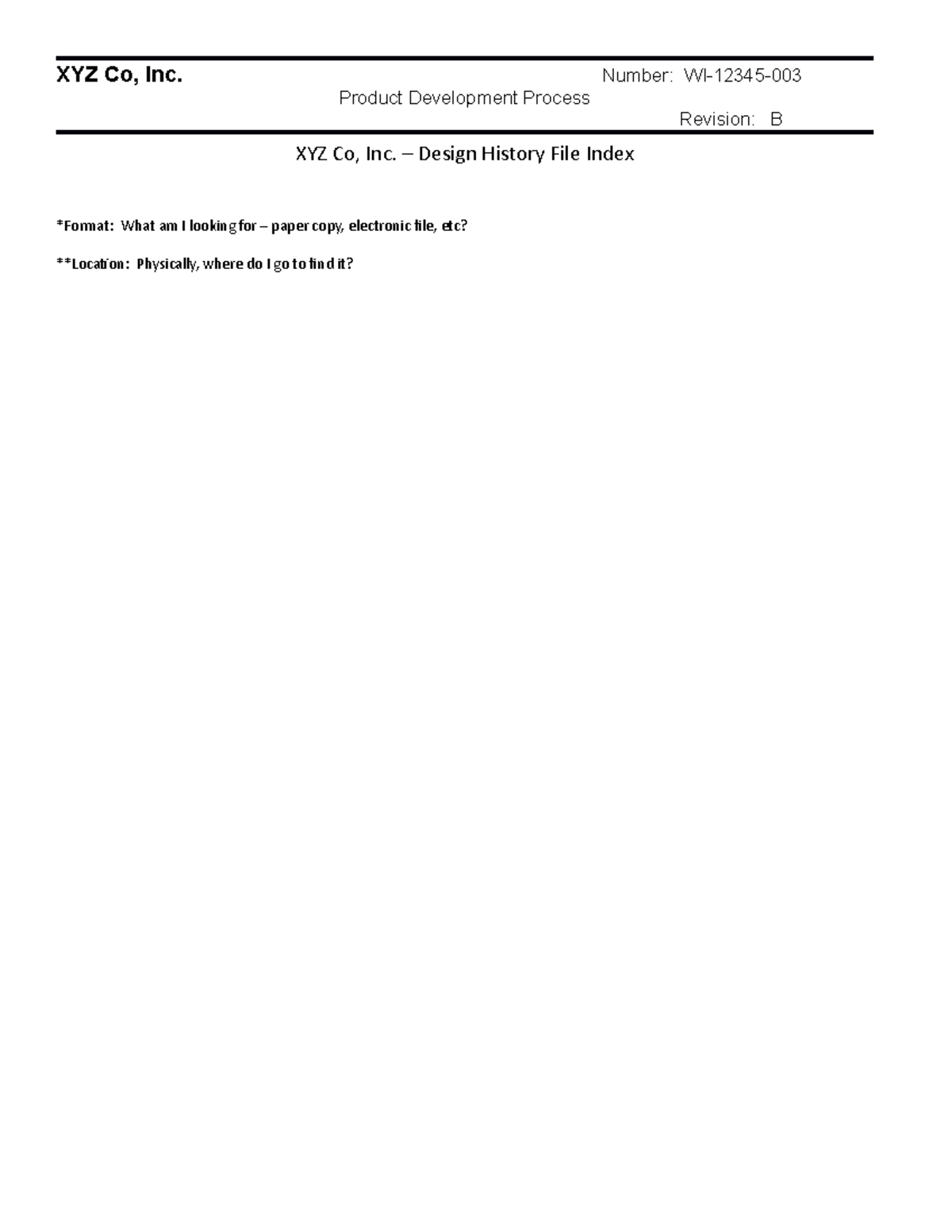 D MD Design History File Index - XYZ Co, Inc. Number: WI-12345- Product ...