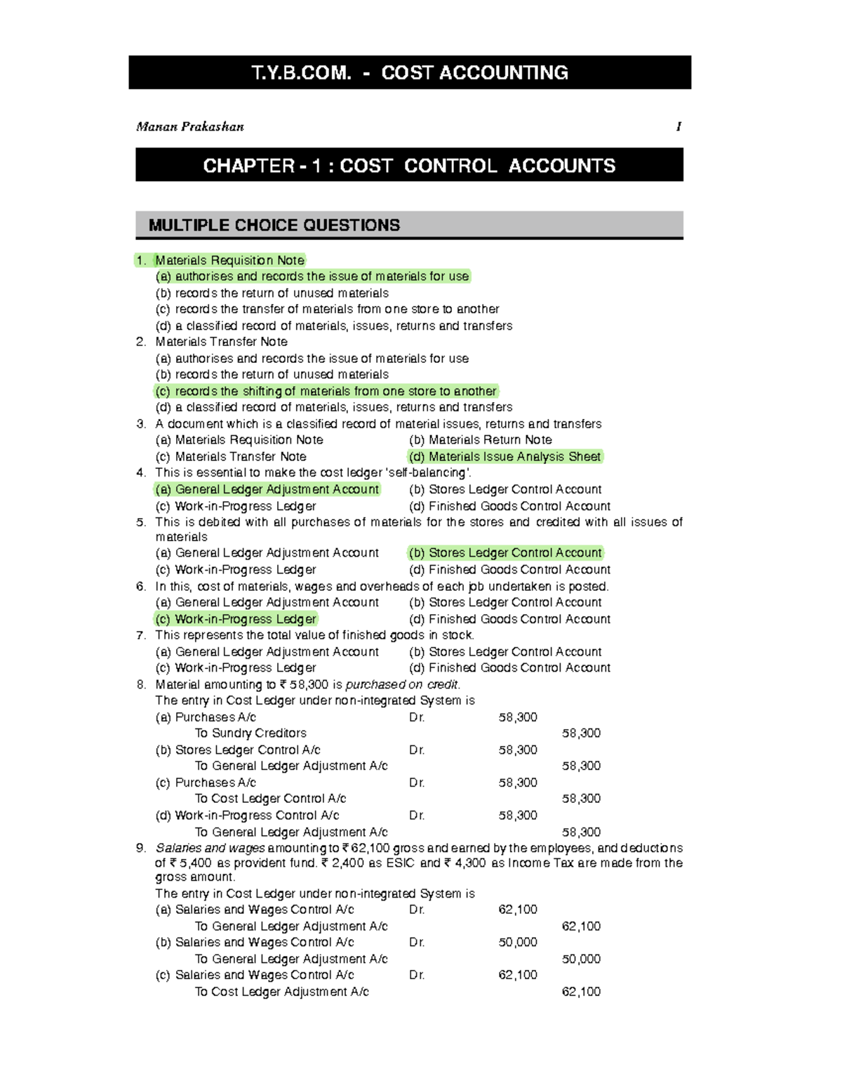 TYBCom Sem VI Cost Accounting MCQs 1 - Manan Prakashan 1 CHAPTER - 1 ...