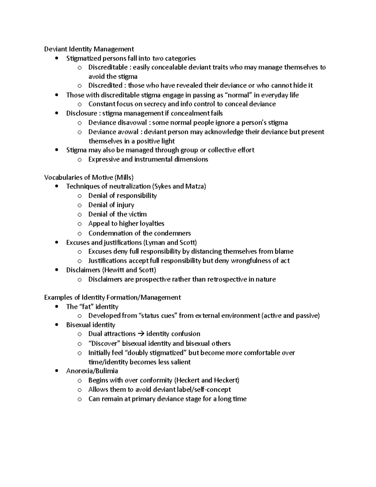 Deviance notes 1016 - Deviant Identity Management Stigmatized persons ...