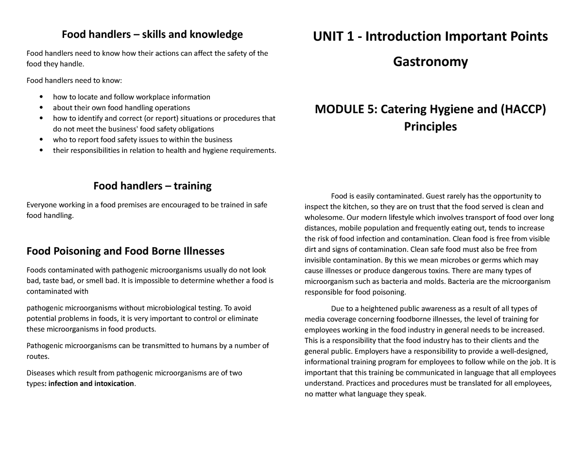 Unit 1 Module 5 Thc 1 Food Handlers Skills And Knowledge Food Handlers Need To Know How 