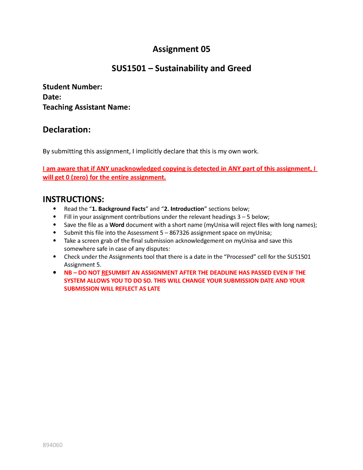 SUS 5 - Sustainable And Greed Assignments- Sus1501 - Assignment 05 ...