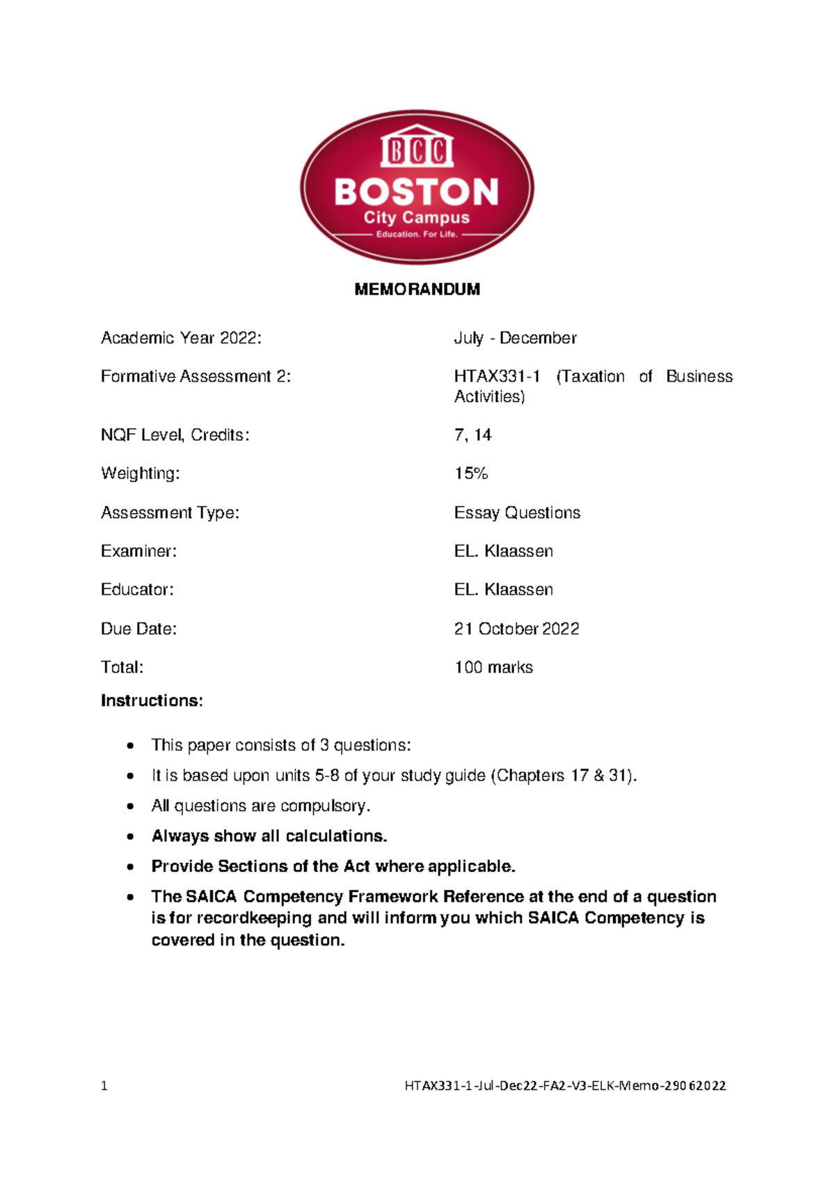 HTAX331 1 Jul Dec2022 FA2 V3 ELK 29062022 Memorandum - MEMORANDUM ...