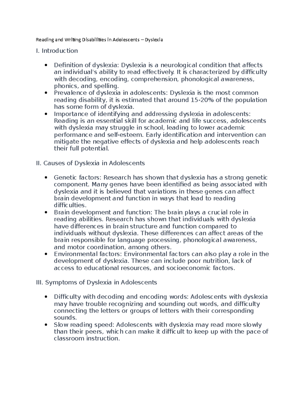 Reading and Writing Disabilities in Adolescent Dyslexia