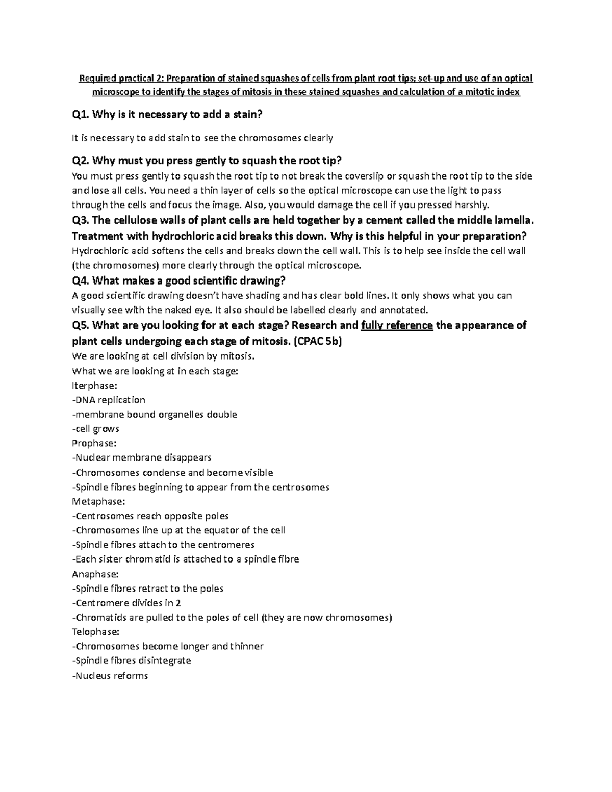 Biological molecule practice qs Required practical 2 Preparation of stained squashes of cells