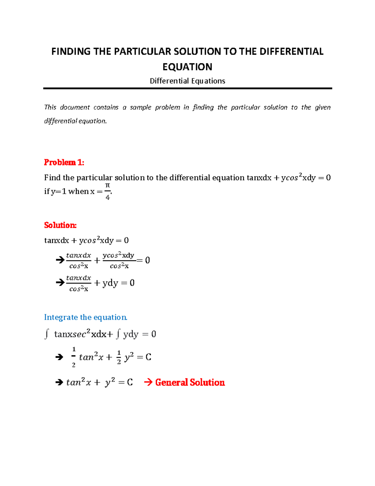 Finding the Particular Solution to the Differential Equation Problem 2 ...