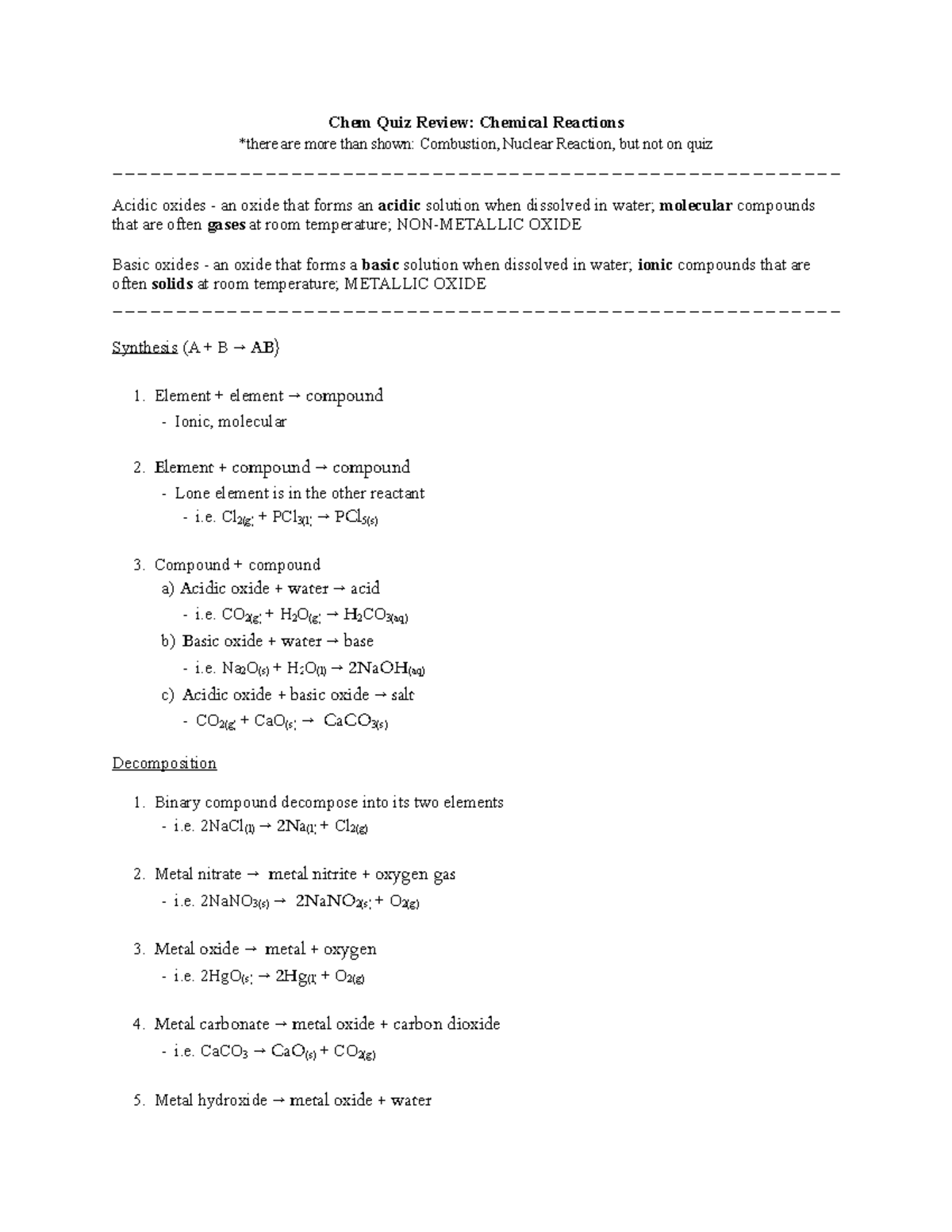 Chem Quiz Review Chemical Reactions - Chem Quiz Review: Chemical ...