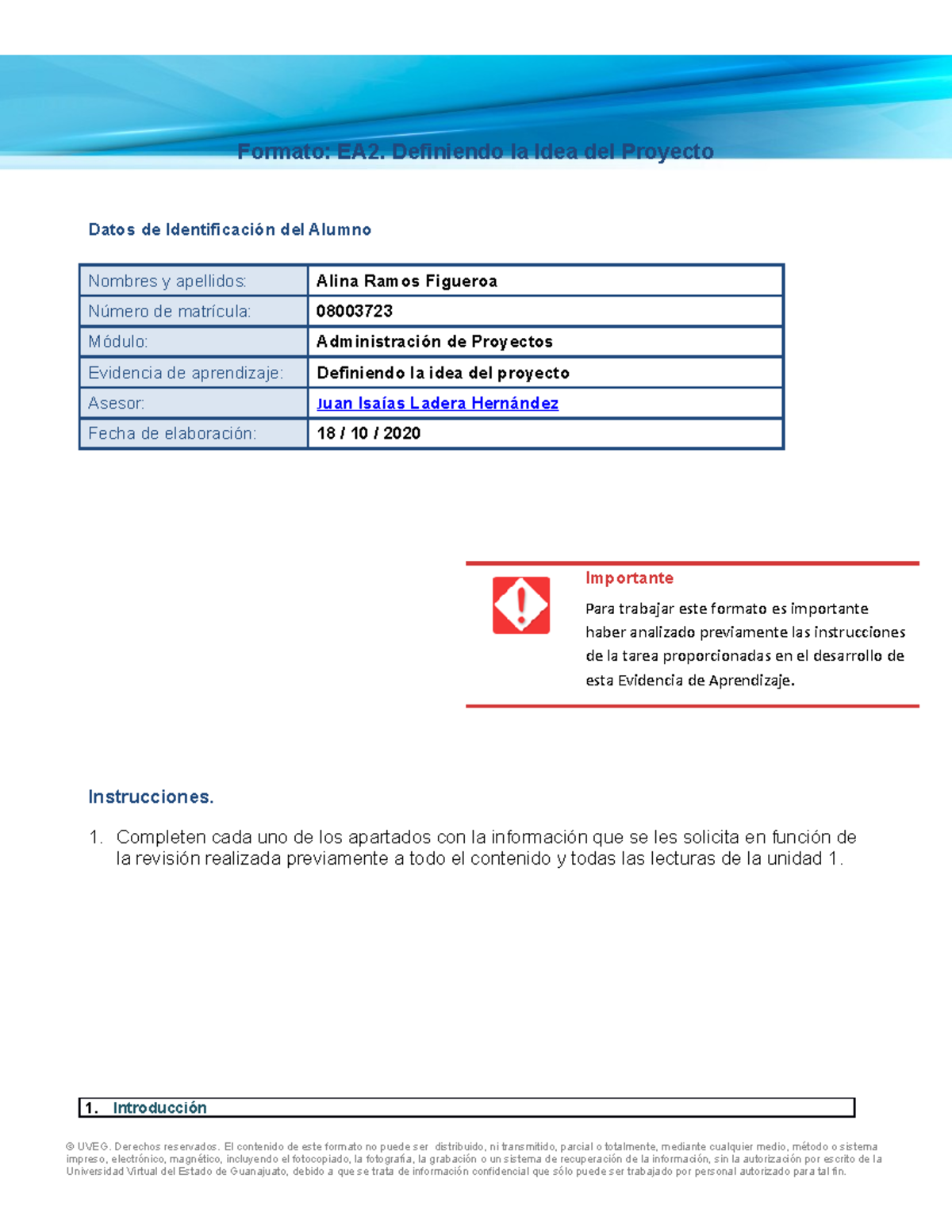 Plantilla EA2 Definiendo La Idea De Proyecto Alina R - Formato: EA2 ...