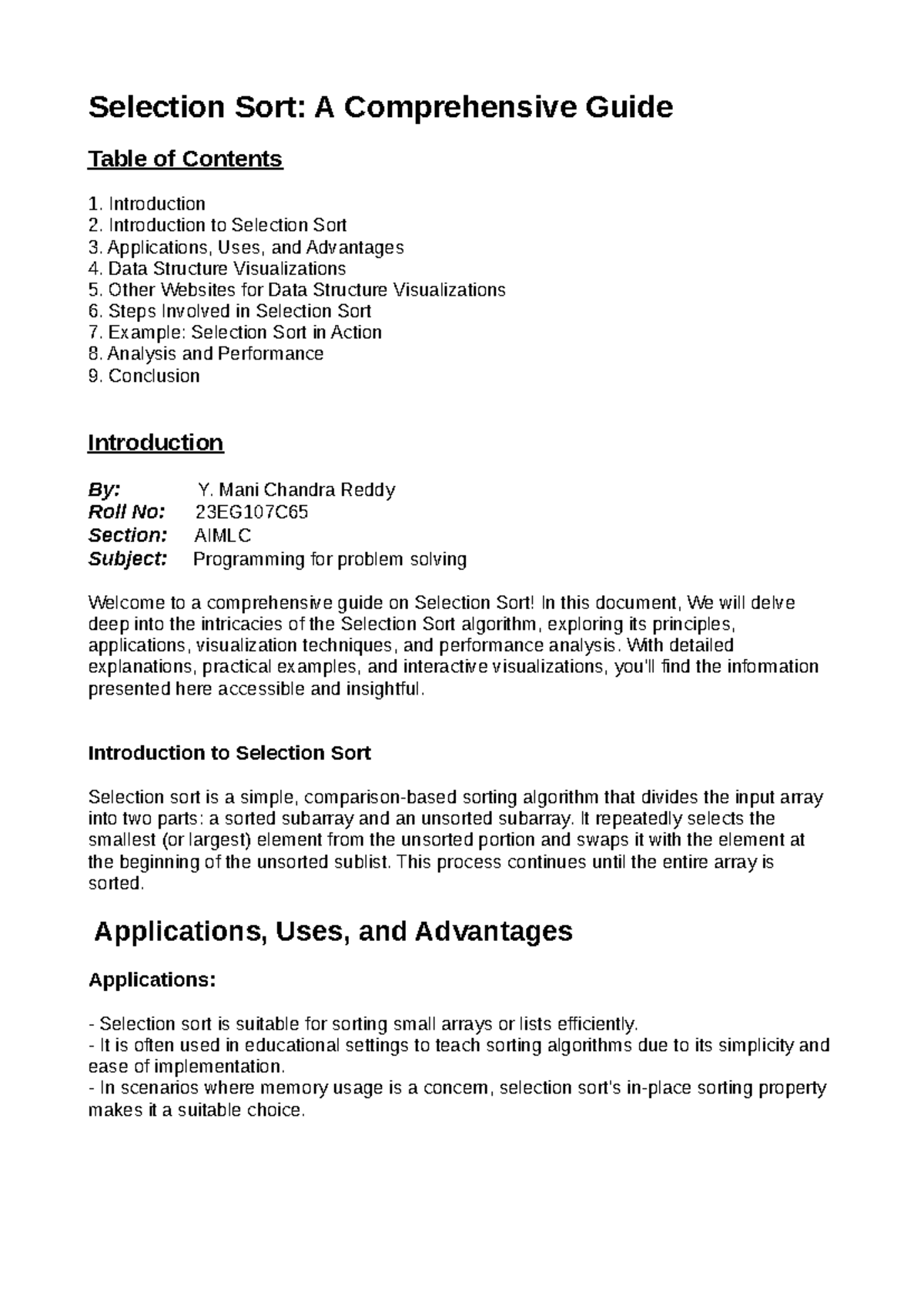 Pps2............. - Selection Sort: A Comprehensive Guide Table of ...