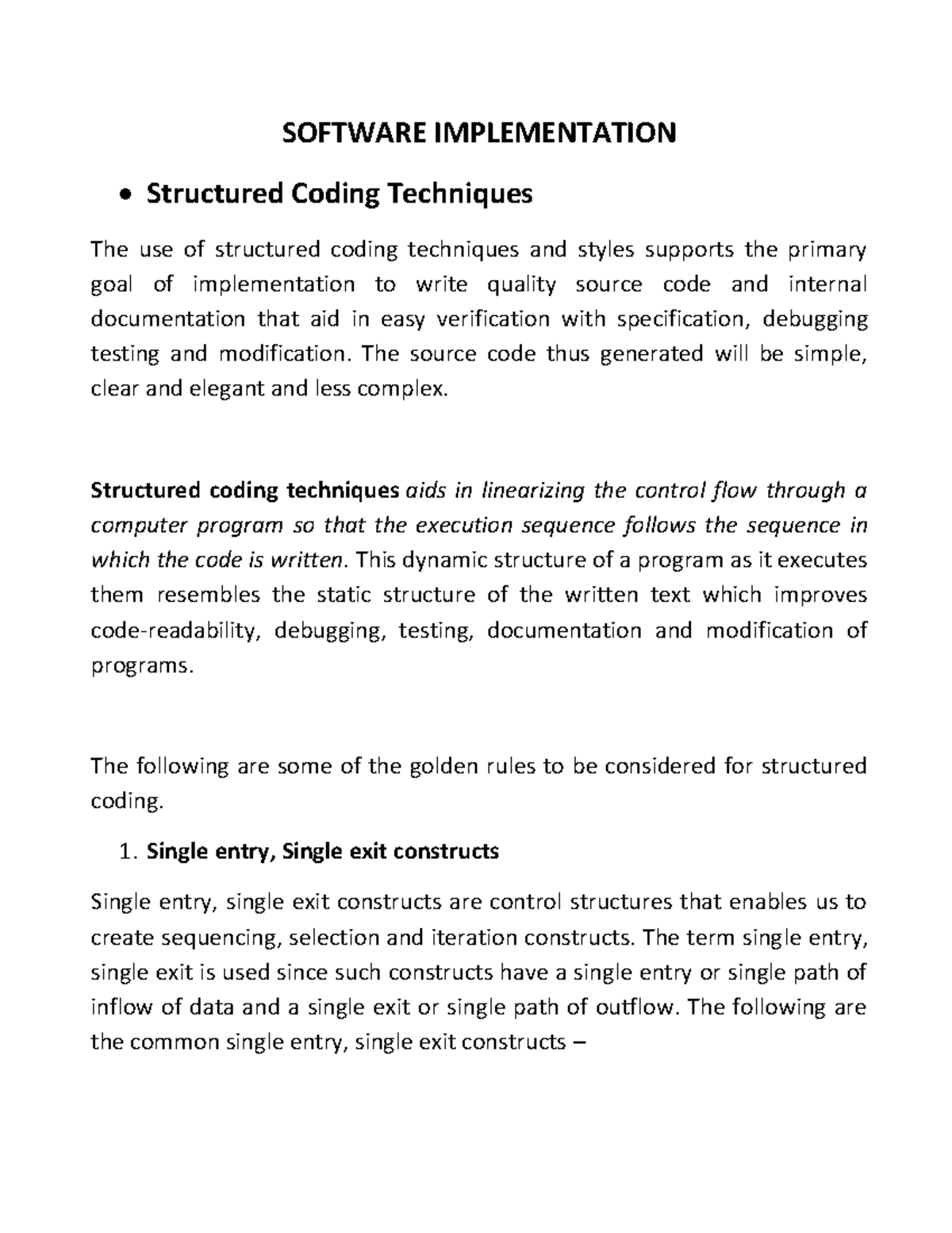 Unit 3 (p2) - SOFTWARE IMPLEMENTATION Structured Coding Techniques The ...