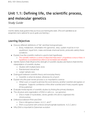 BIOL- Exam 1 Study Guide - BIOL1001: Introductory Biology: Evolutionary ...