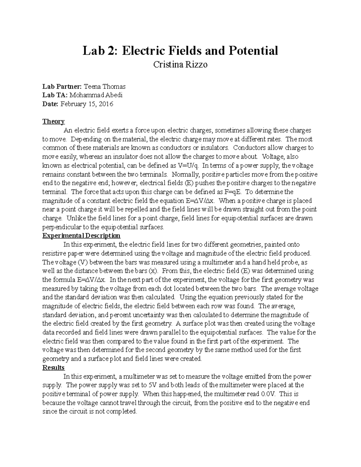 Physics spring lab 2 write up - Lab 2: Electric Fields and Potential ...