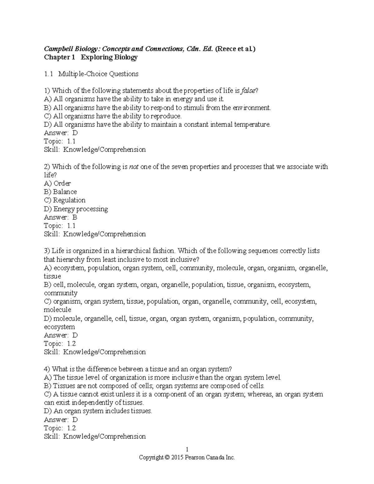 Campbell Con 1ce ch01 multiple choice questions 1 Campbell Biology