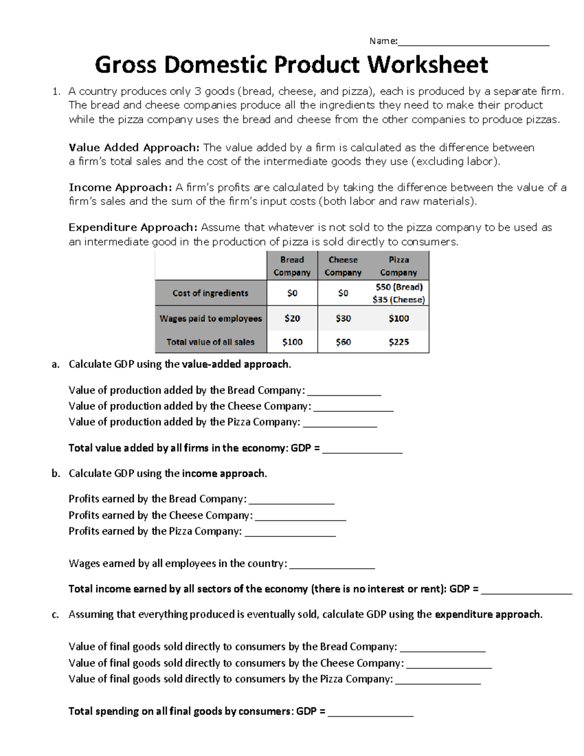 GDPClassification Calculation Worksheet Gross Domestic Product
