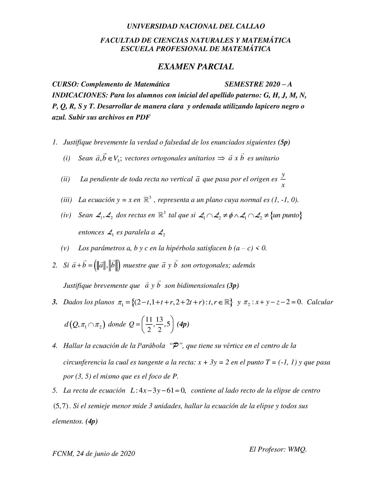 Examen Complemento(B) - UNIVERSIDAD NACIONAL DEL CALLAO FACULTAD DE ...