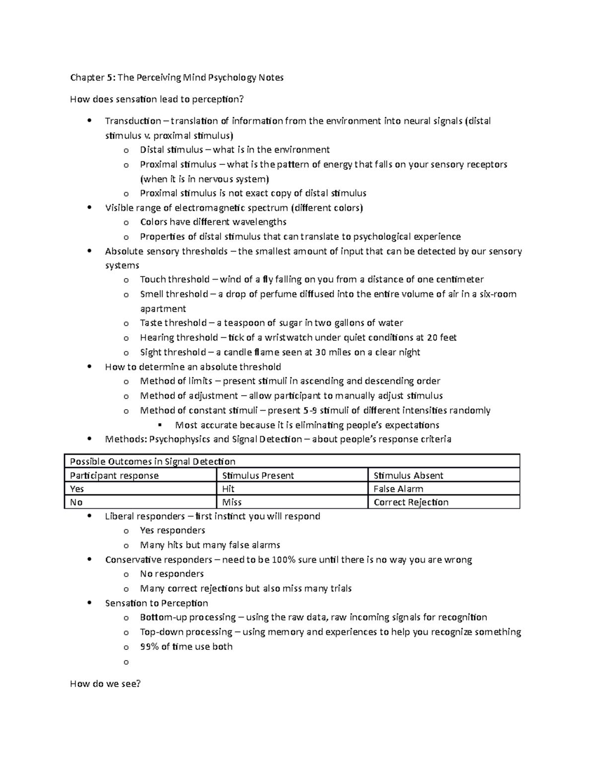 Psychology Chapter 5 Notes - Chapter 5: The Perceiving Mind Psychology ...