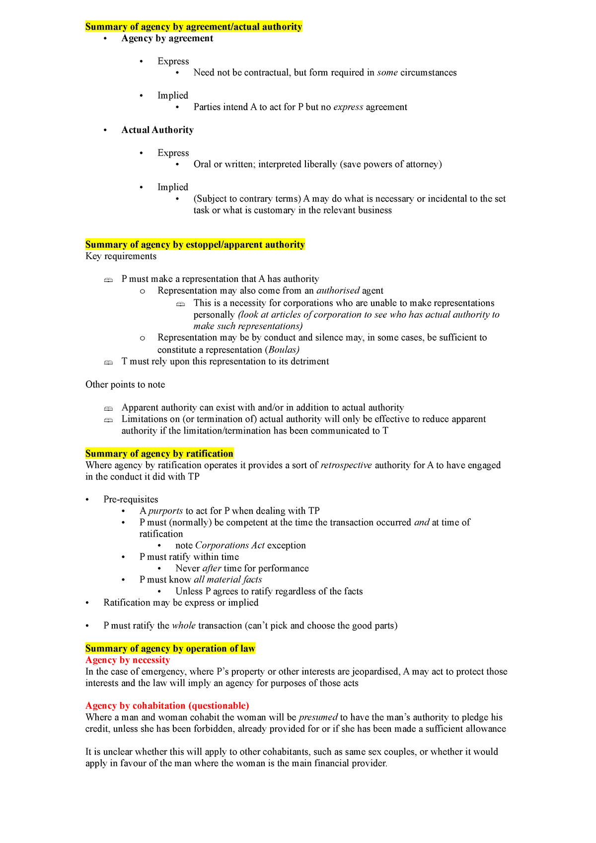 Llw2008 Session 2 Summary Notes Agency Summary Of Agency By Agreement