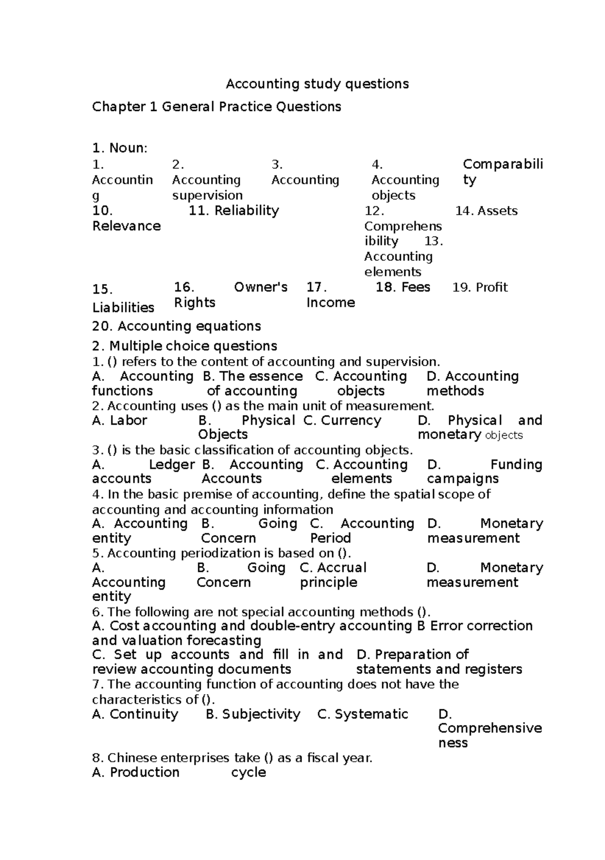 Accounting study questions Accounting study questions Chapter 1
