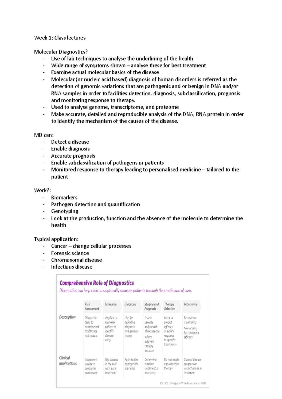 Week 1 - notes - Week 1: Class lectures Molecular Diagnostics? - Use of ...