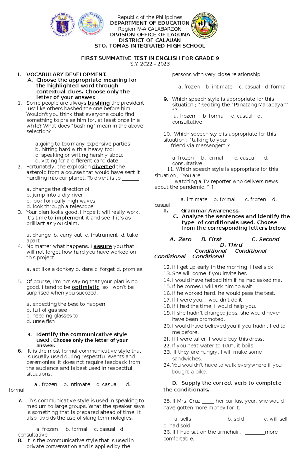 Eng 9 1 Exam(sy 19-20) - For Your References - Republic Of The 