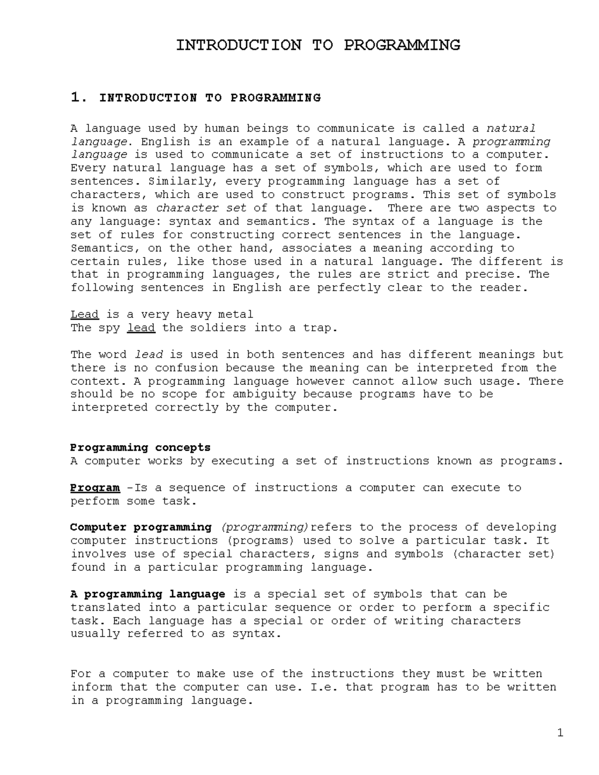 Introduction to programming and algorithms - INTRODUCTION TO ...