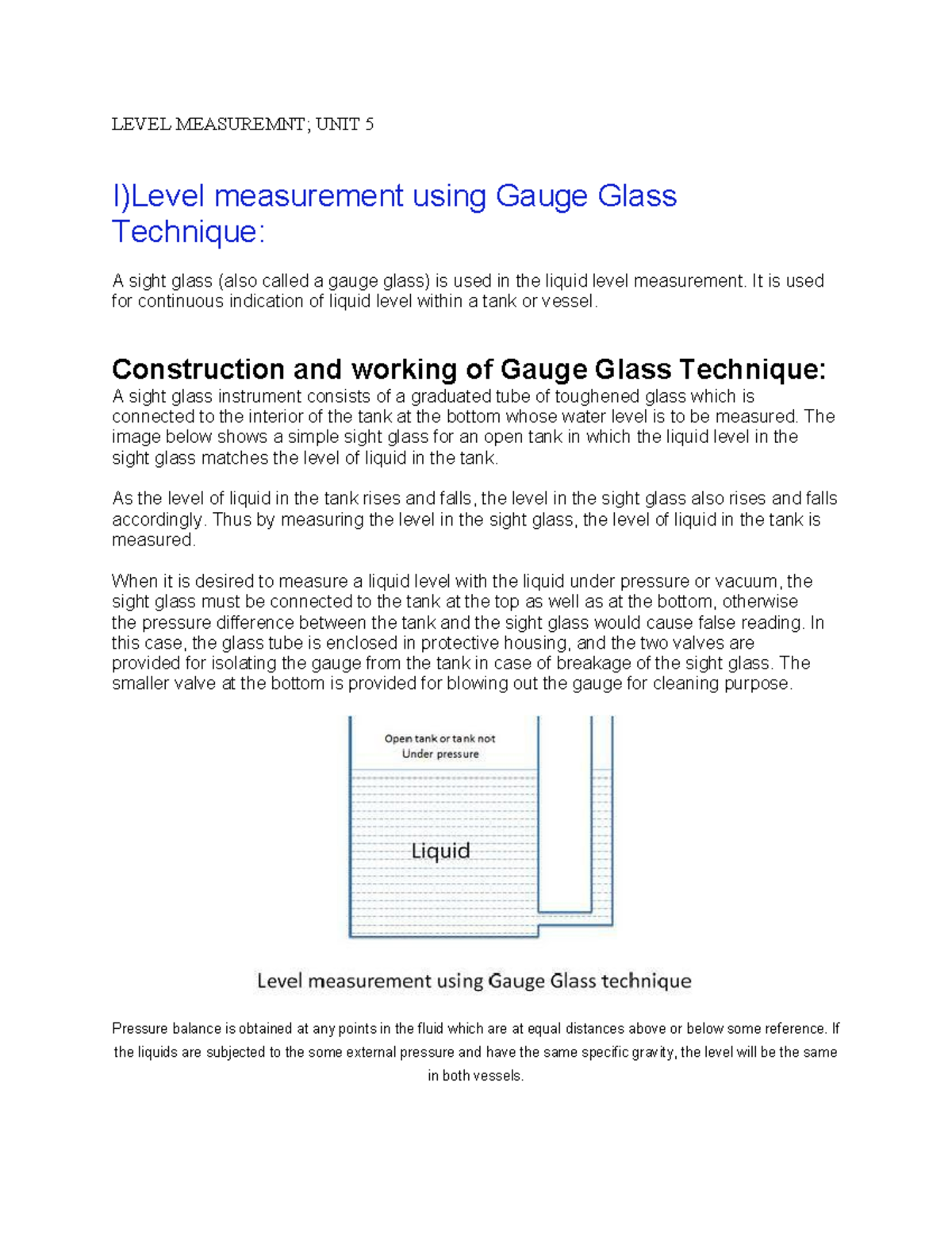 Level Measuremnt - assignment - LEVEL MEASUREMNT; UNIT 5 I)Level ...