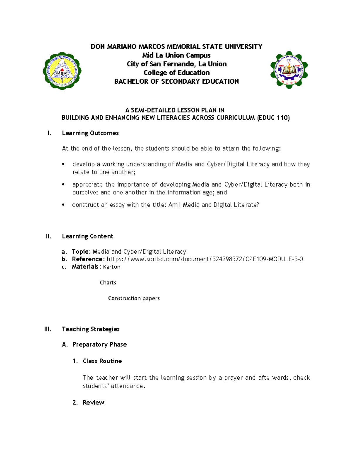 Media and Cyber or Digital Literacies Semi Detailed Lesson Plan A SEMIDETAILED LESSON PLAN IN